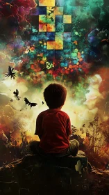 Child observing abstract sky with butterflies and pixels.
