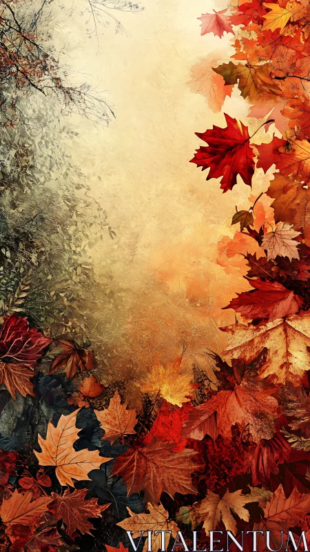 Autumn foliage cascade with textured leaves and warm bokeh field.