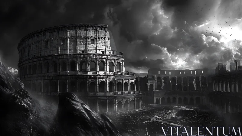 Ruined neo-classical colosseum under storm-laden monochrome sky.