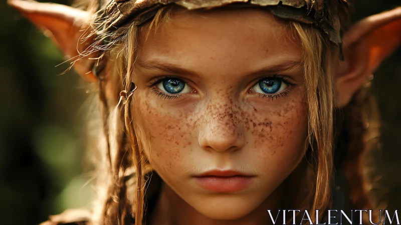 Forest sprite child with fierce blue eyes and elm-brown freckles.