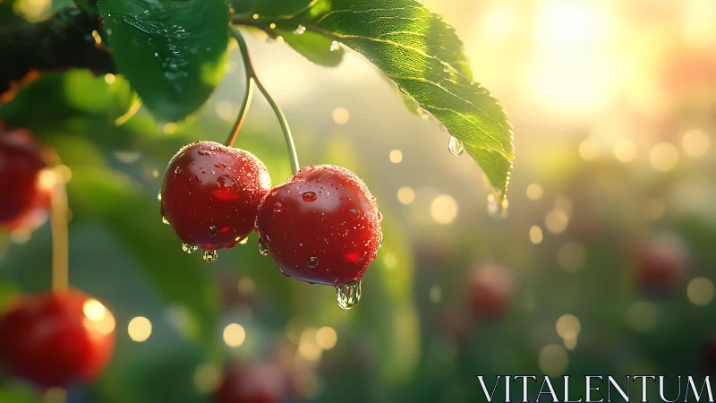 Morning sunlight gently kisses dewy ripe cherries on branch