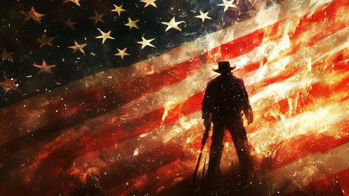 Lone cowboy silhouette against a blazing American flag backdrop.