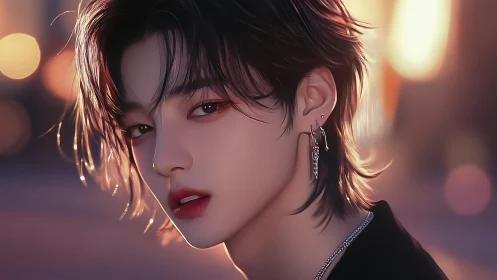 Soft-lit androgynous portrait in neon dusk glow.