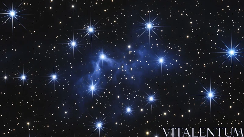 Wide-field blue reflection nebula with diffraction-spiked hot stars