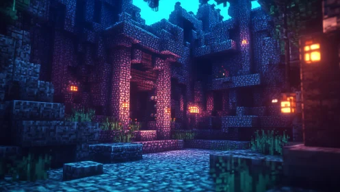 Pixel ruins glow softly while neon torches script forgotten quests