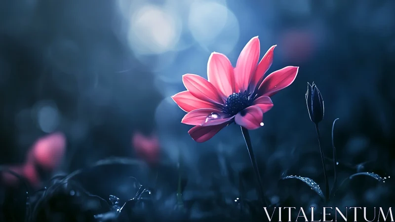Pink daisy flower glowing against soft-focused blue bokeh backdrop.