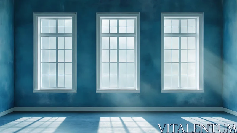 Sunlit triple windows in tranquil blue minimalist room.