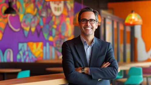 Man in suit standing in colorful modern cafe interior.