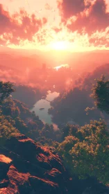 Sunlit river valley glows under radiant cloudburst sky.