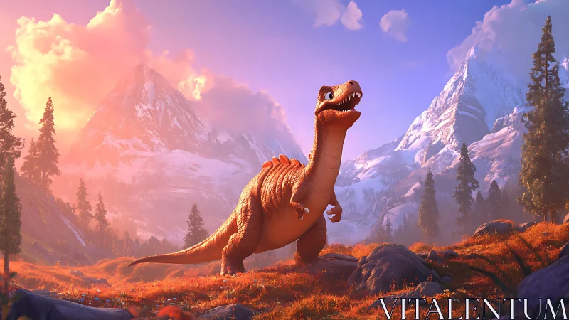 Cartoon tyrannosaur strides through luminous alpine valley
