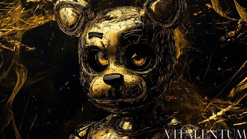 Golden robot bear glowing softly in swirling warm light.