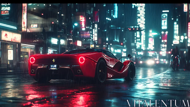 Red supercar idles under neon rain in futuristic city street