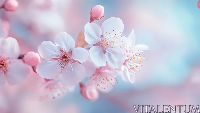 Cherry blossom blooms against soft blue and pink sky backdrop.