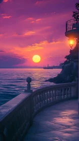 Romantic seaside terrace glows beneath a vivid sunset sky.