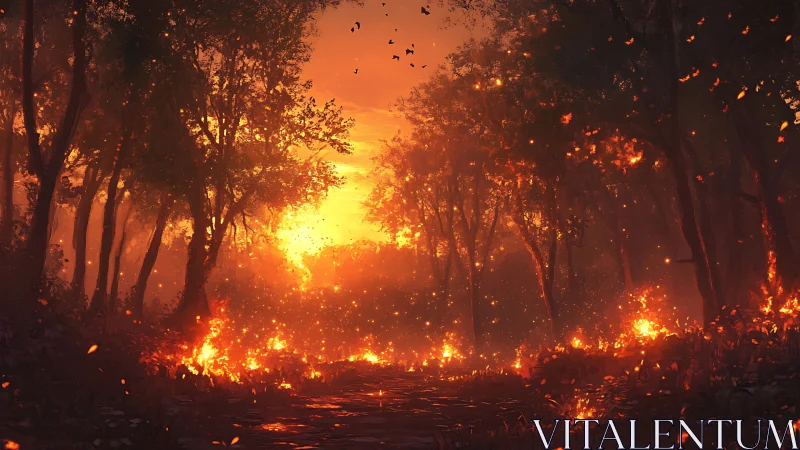 Forest Fire at Sunset: Intense Wildfire through Dense Trees.