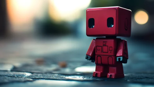 Shallow‑focus macro shot of red cubic toy robot on pavement.