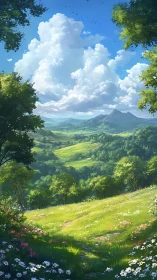 Sunlit wildflower valley under towering cumulus clouds.