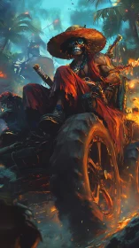 Skeleton rider drives burning off-road vehicle through jungle