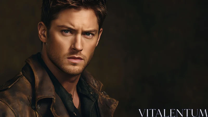 Brooding male portrait in leather jacket, warm rim lighting.