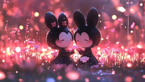 Soft bunny friends glowing in a dreamy pink meadow.