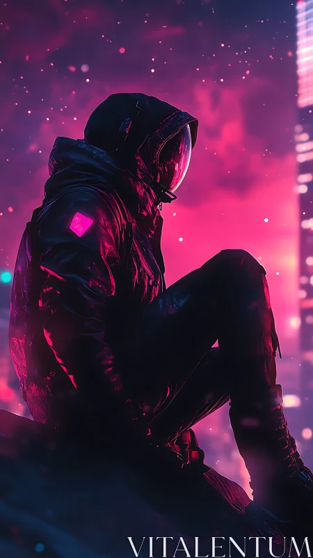 Solitary hooded figure in neon cityscape at night.