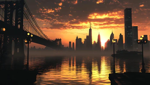 City skyline and suspension bridge stand against bright sunset