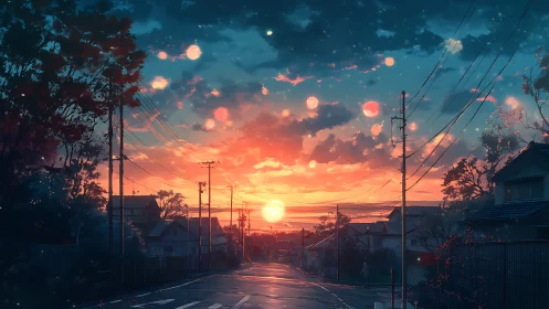 Twilight suburban street under luminous cinematic sunset sky.