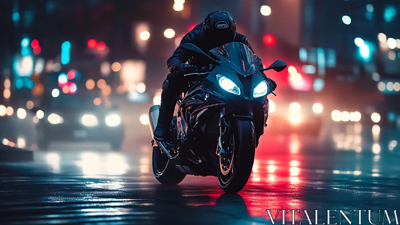 Sport motorcycle cuts through wet neon city traffic at night