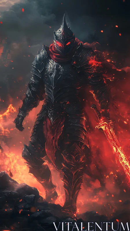 Infernal armored warlord strides through volcanic firestorm