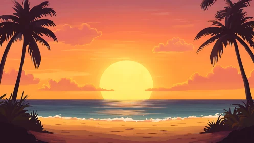 Sunset is depicted over a tropical shoreline with palm trees