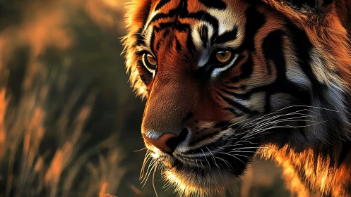 Tiger close-up in warm backlight with sharp facial detail.