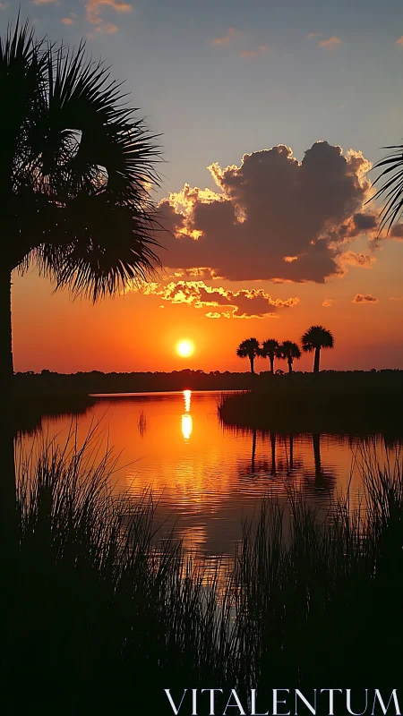 Sunset palms mirrored on fiery marsh water horizon line.