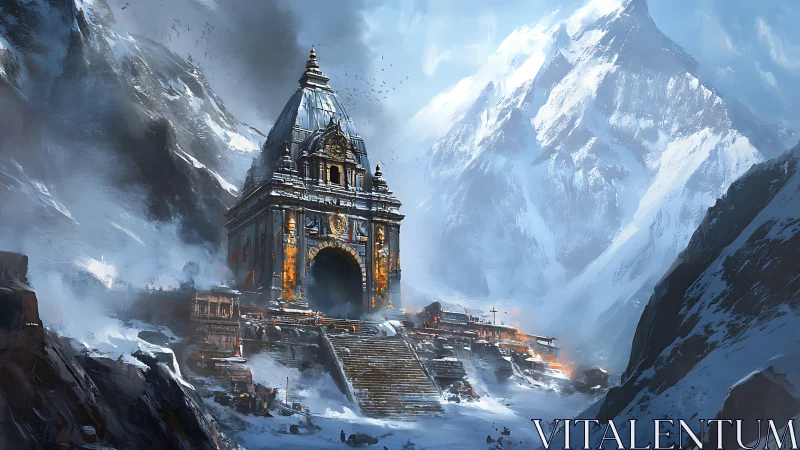 Snow-covered mountain temple complex occupies a central valley