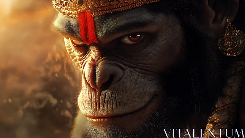 Regal monkey warrior gazing softly through warm golden light.