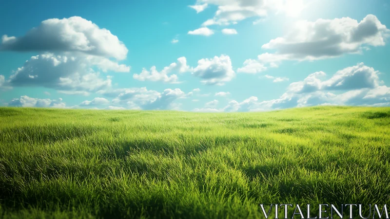Sunlit green meadow under bright blue clouded sky.