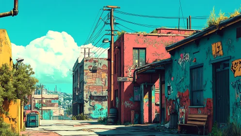 Sunlit graffiti alley cuts through weathered urban blocks.