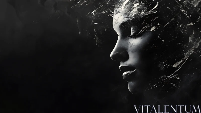 Shattered monochrome portrait drifts in atmospheric darkness