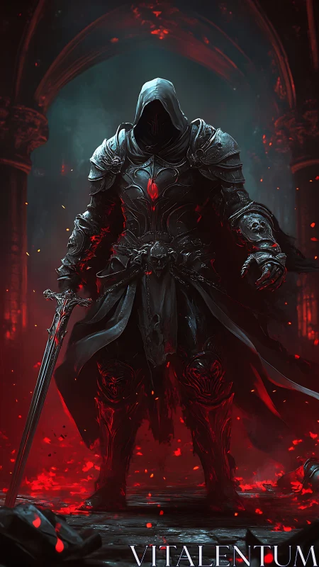 Dark armored knight with glowing red power in ruins