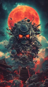 Celestial skull nebula above temple stair under blood-red moon
