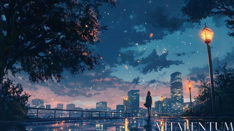 Twilight promenade cityscape in reflective anime style.