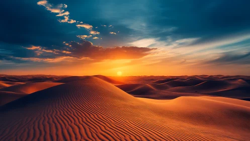 Sunlit desert dunes under dramatic evening sky.