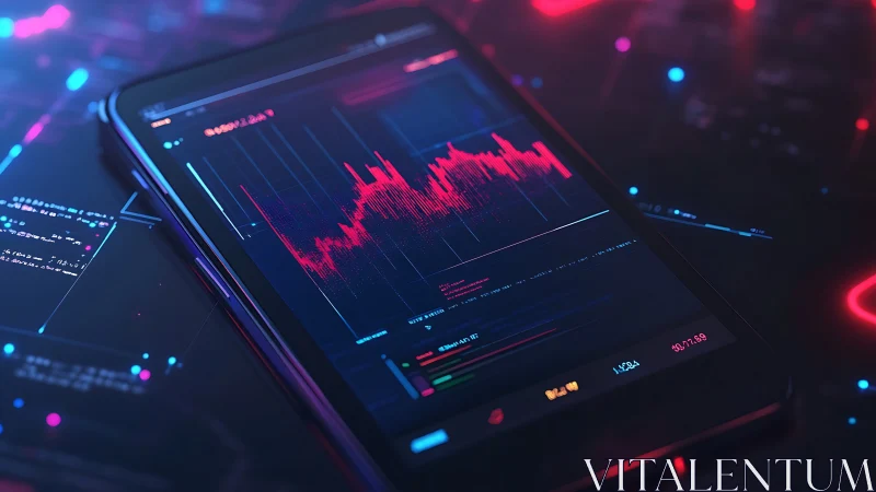 Mobile market analytics dashboard with neon data waveform.