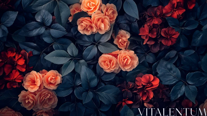 Floral Composition: Deep Teal Foliage with Coral and Crimson Roses.