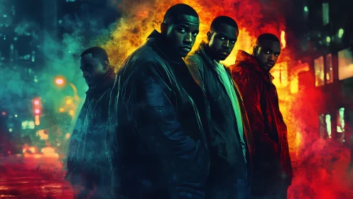 Four streetwise figures framed by neon city smoke.