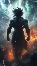 Backlit warrior silhouette emerges through volumetric fire and smoke