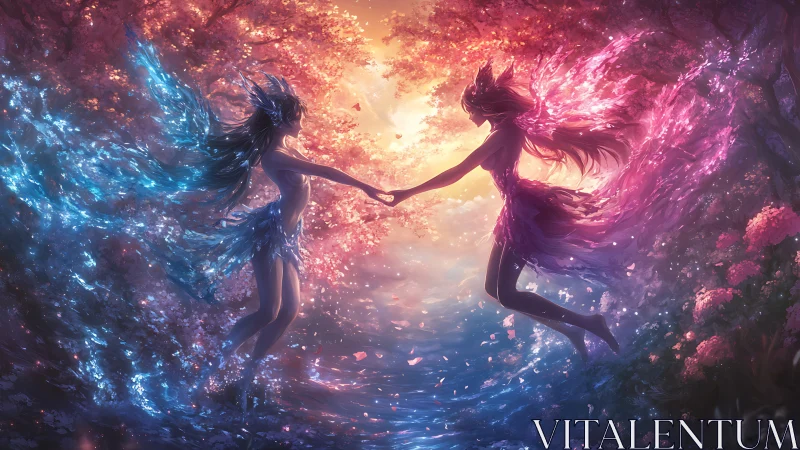 Enchanted forest spirits sharing a glowing twilight dance.