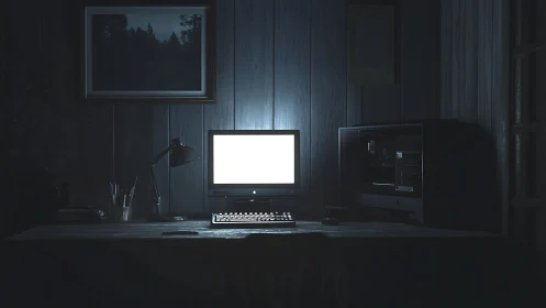 Dim home office with illuminated vintage desktop computer.