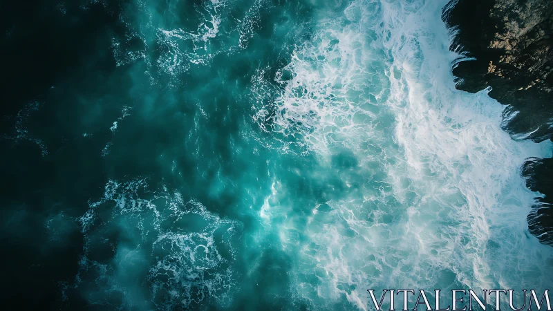 Aerial turbulent surf impact against stratified rocky coastline.