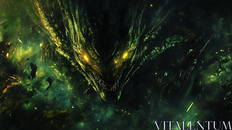 Emerald cosmic dragon emerging from swirling starlit void.