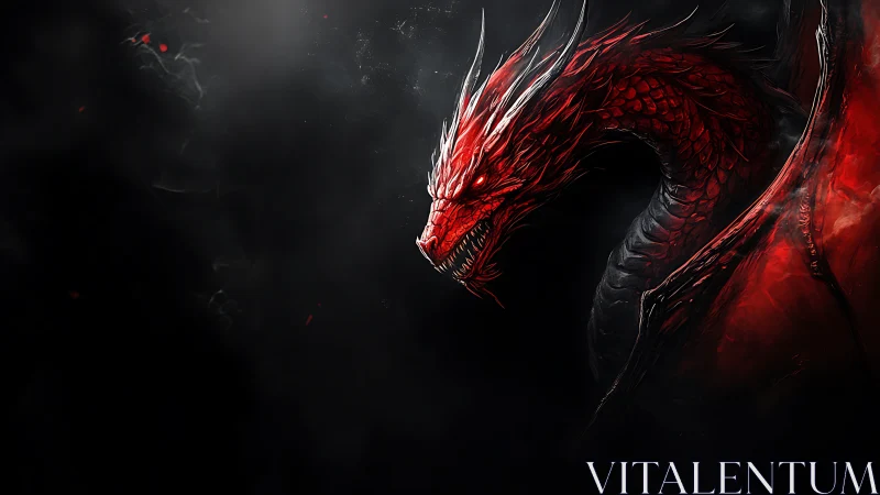 Crimson dragon glows fiercely against a deep shadowed sky